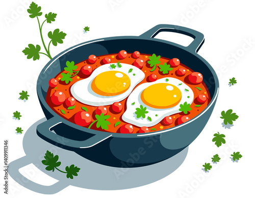 Shakshuka icon, vibrant flavors, poached eggs in tomato sauce, isolated on white background, perfect for food blogs, culinary websites, and healthy meal inspiration