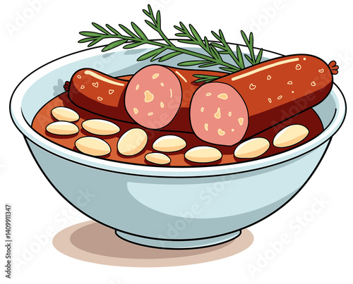 Minimalist icon of French cassoulet with beans and sausage, creative culinary art, isolated on white background for blogs, websites, and educational content