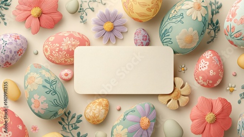 Easter decoration chick ornaments festive banners. Pastel Easter Eggs and Flowers Elegant Still Life Composition with Neutral Card for Text Overlay.