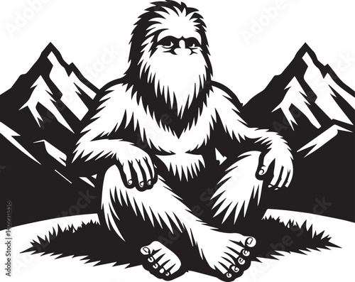 smiling Bigfoot Yeti black and white sitting on a mountain silhouette vector design
