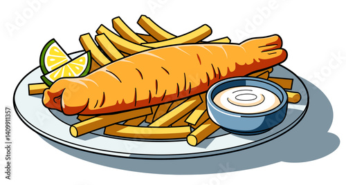 Iconic plate of golden-brown fish and chips with crispy fries, served with tartar sauce and lemon wedges, isolated for food blogs and culinary presentations