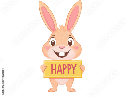 Cute cartoon rabbit holding a sign that says 'HAPPY', ideal for children's themes, isolated on transparent or white background
