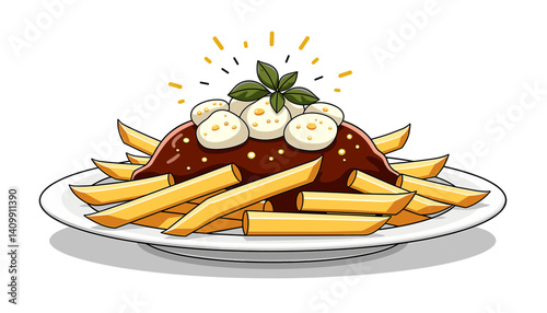 Poutine icon with fries and cheese curds on isolated white background, perfect for menus, blogs, and food-related presentations