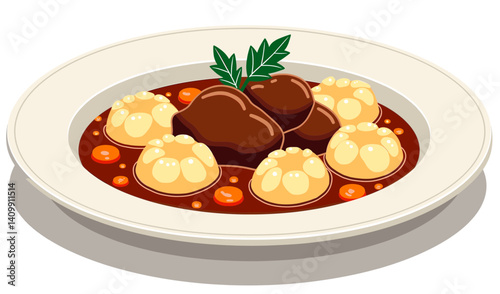 Hungarian goulash icon with slow-cooked beef and dumplings, minimalist vector art isolated on white background for food blogs and culinary websites