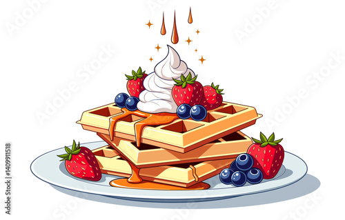 Waffle icon topped with whipped cream and berries, isolated on white background, perfect for culinary blogs and recipe websites