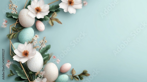 Easter decoration chick ornaments festive banners. Pastel Easter Eggs and White Blossoms Arrangement in Golden Frame on Light Blue Background Design.