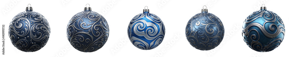 Blue Christmas Ornaments with Metallic Swirl Patterns on Transparent Background
Blue Christmas Ornaments with Metallic Swirl Patterns on Transparent Background