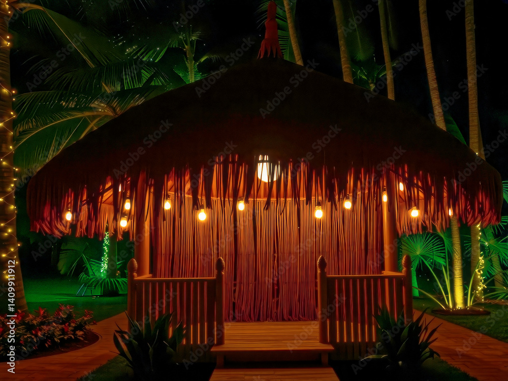 A hut with a red roof and a green palm tree in the background. The hut is lit up with lights and has a warm, inviting atmosphere