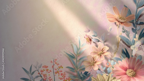 Easter decoration chick ornaments festive banners. Pastel Floral Arrangement with Sunlight on Textured Background Botanical Decorative Display.