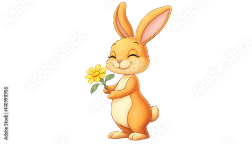 A cheerful cartoon rabbit holding a yellow flower, perfect for spring themes, isolated on transparent or white background
