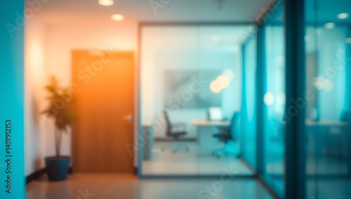 Blurred office interior background with a blurred door and glass wall, blurry bokeh light effect for a business concept design. 