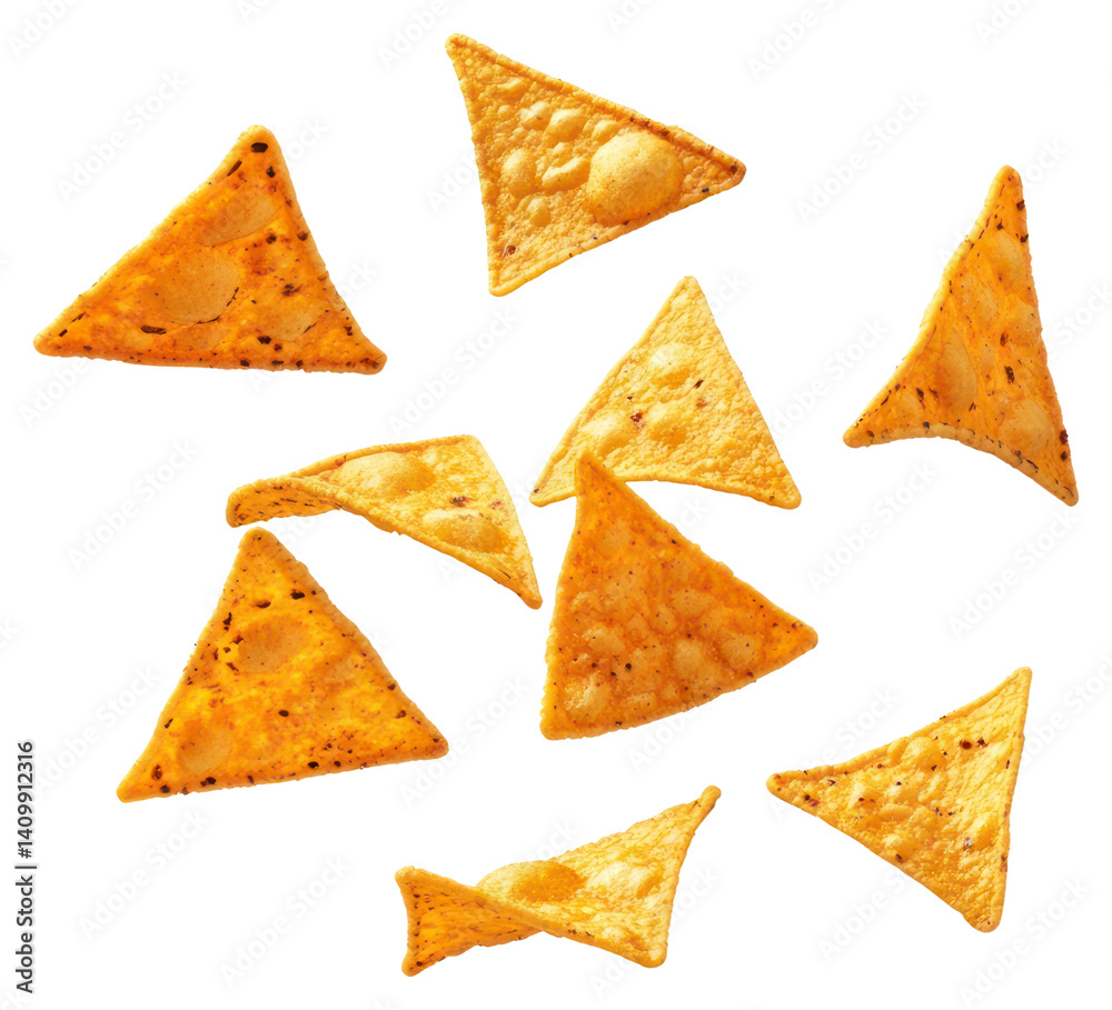 PNG Falling triangular tortilla chips nachos snack food.