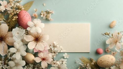 Easter decoration chick ornaments festive banners. Serene Easter Still Life with Blossoms and Eggs Creating an Atmospheric Springtime Scene.