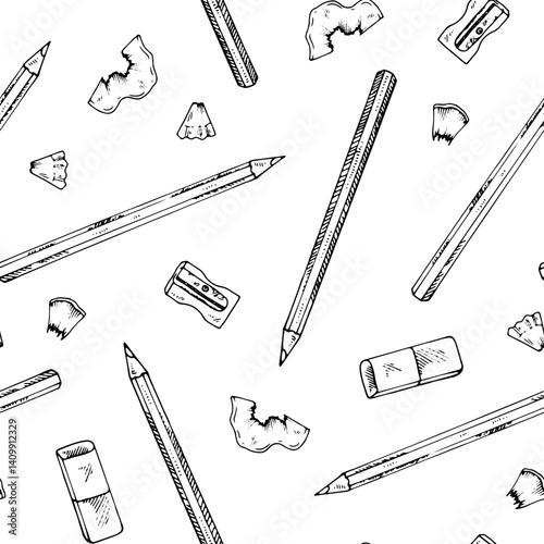 Seamless vector pattern of hand drawn pencils in black and white. This intricate line art design perfect for stationery, wrapping paper, and school themed projects. With a white isolated background