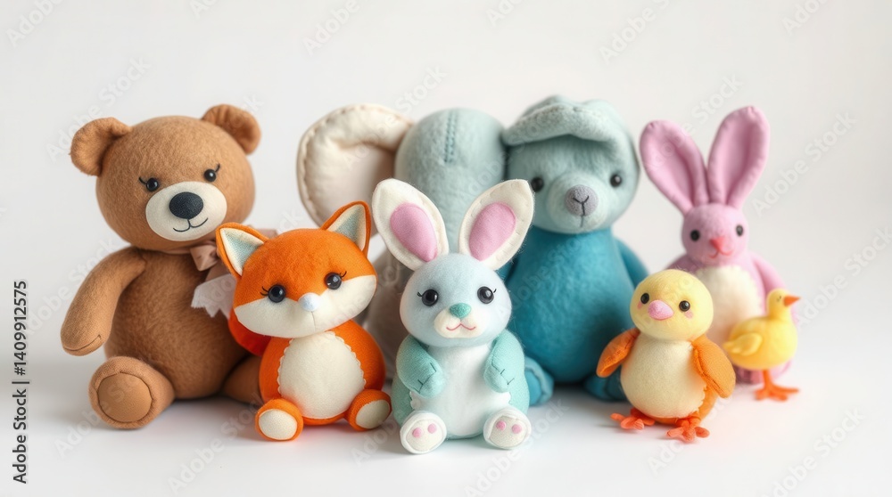 Group of pastel plush animals including a bear, fox, elephant, rabbit and a chick. All are super cute Group of pastel plush animals including a bear, fox, elephant, rabbit and a chick. All are super cute