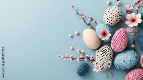 Easter decoration chick ornaments festive banners. Springtime Easter Eggs Display with Blossoms and Pastel Color Palette for Holiday Decoration Theme.