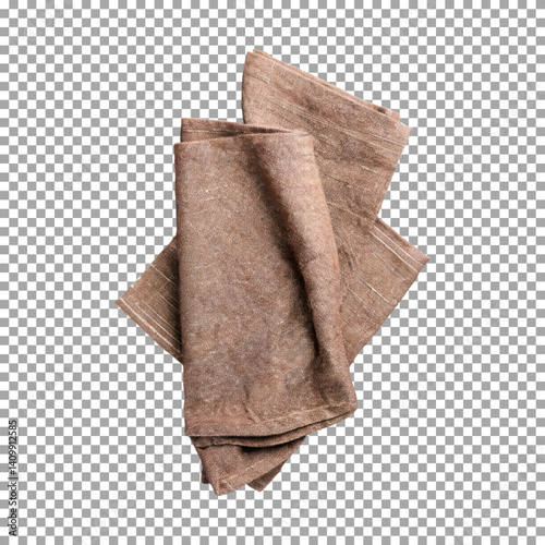 Linen kitchen brawn towel napkin, Folded Rustic Brown Fabric Napkin Isolated on transparent background, png, psd
