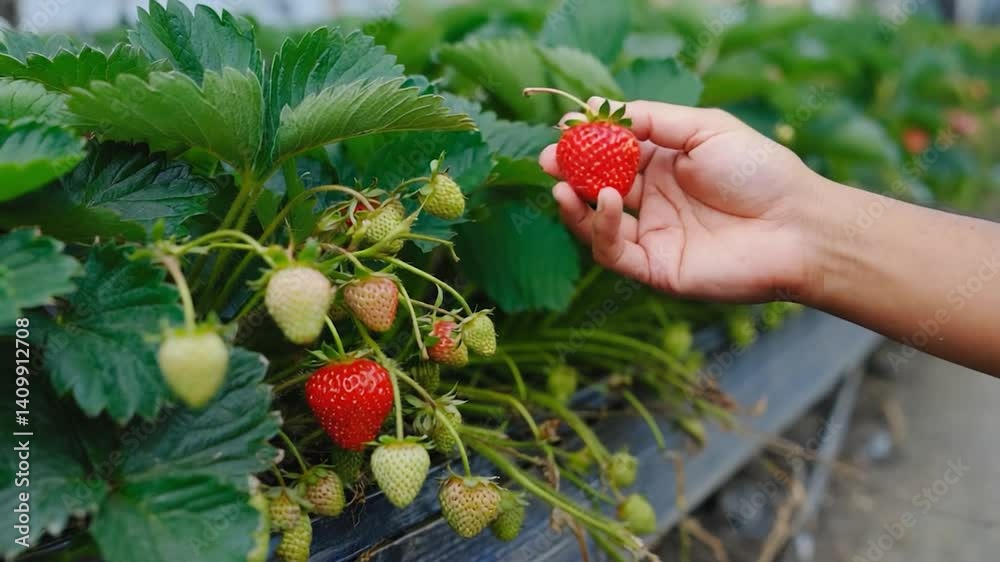 Hand picking strawberries in a greenhouse
