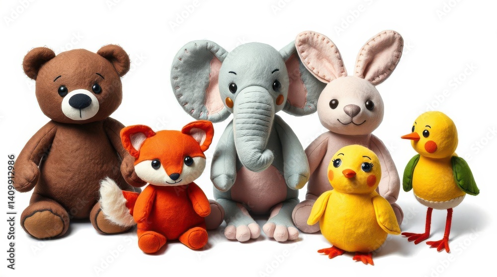 Obraz premium Stuffed animal assortment: bear, fox, elephant, rabbit, and chicks, all lined up in a charming group.