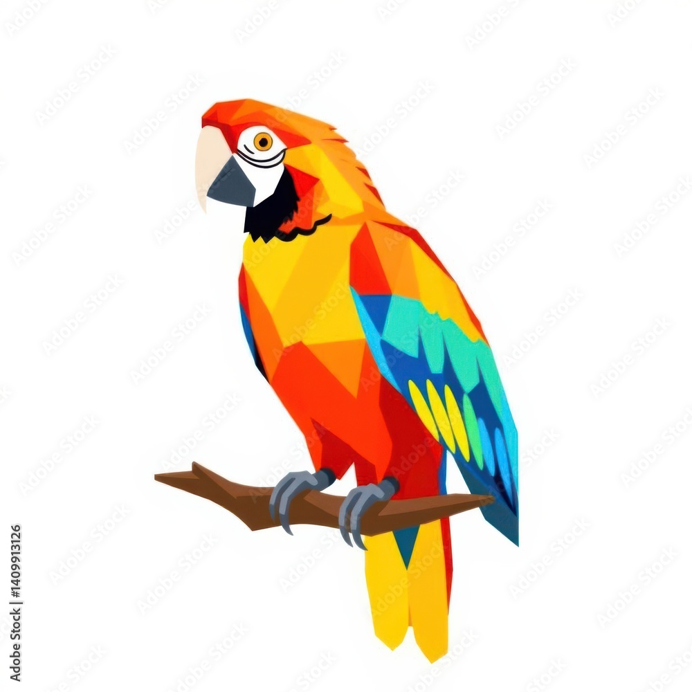 Fototapeta premium Vibrant macaw perched gracefully on a branch, showcasing geometric design with stunning color palette.