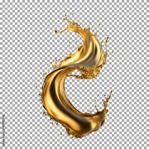 shiny gold liquid splash, metallic wave, swirl, cosmetic oil, golden splashing, Golden Liquid Wave Splashing - High-Res Visual on transparent background, png, psd
