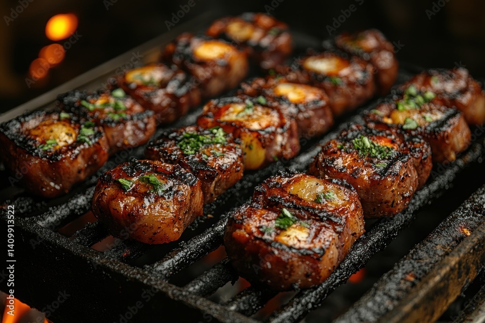 Grilled meat skewers on a grill over an open fire Grilled meat skewers on a grill over an open fire