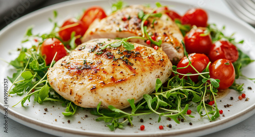 Grilled chicken or salmon meal with vegetables, a healthy and delicious dinner plate