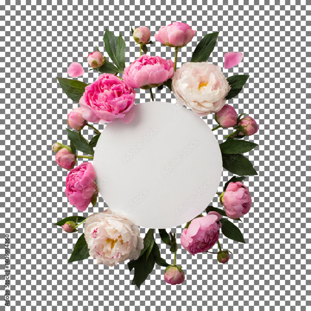 Beautiful Pink Peonies Circle Frame on transparent background, png, psd
