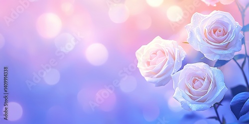 A serene image of soft pink roses against a dreamy backdrop of pastel colors and bokeh lights, evoking a sense of tranquility and beauty.