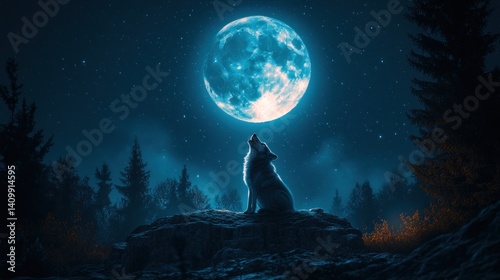 Lone wolf howling at a luminous moonlit forest