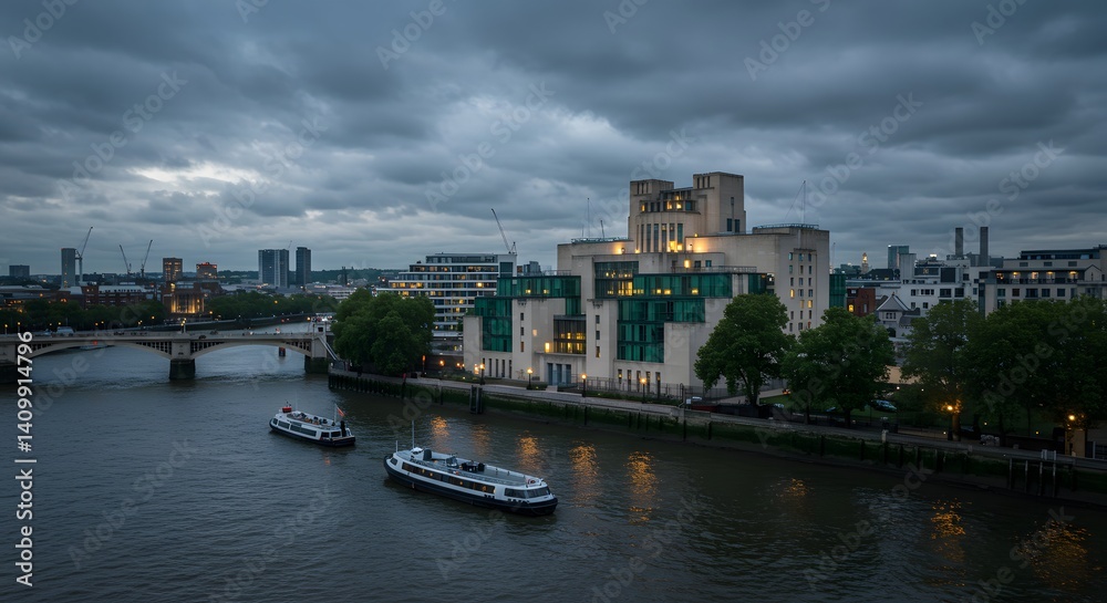 River View with Building and Boats Under Cloudy Sky River View with Building and Boats Under Cloudy Sky