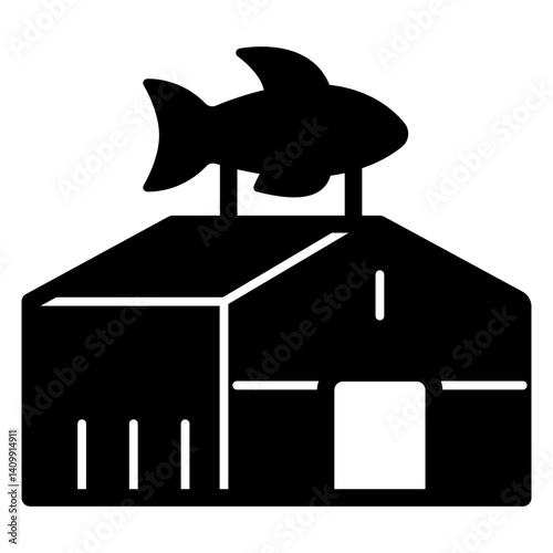 Warehouse and fish solid icon, fishery production concept. Vector graphics. House storage, distrubution sign on white background, glyph style mobile or design.