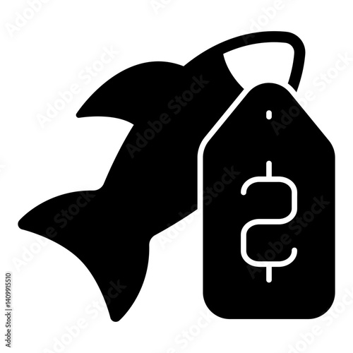 Fish with price tag solid icon, fishery product concept. Vector graphics. Label badge on fish sign on white background, glyph style mobile or design.