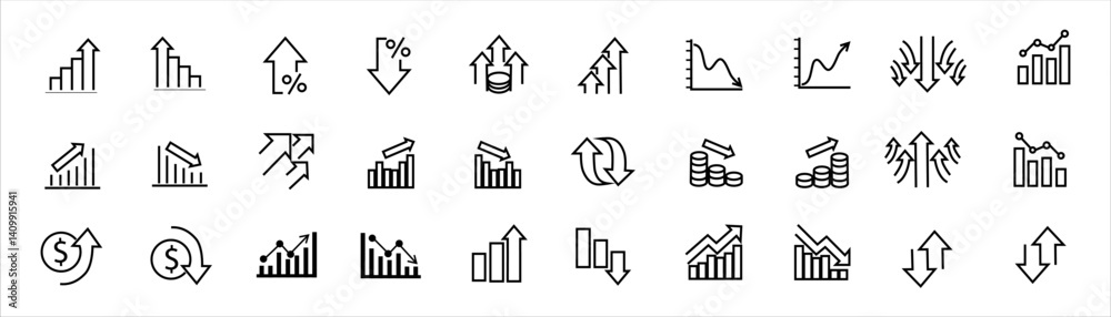 Fototapeta premium Editable icons to zoom in and out of a line. Vector illustration in modern thin line style of profit related icons: chart, graph, arrow and more. Pictograms and infographics for mobile applications. 