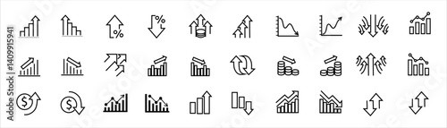 Editable icons to zoom in and out of a line. Vector illustration in modern thin line style of profit related icons: chart, graph, arrow and more. Pictograms and infographics for mobile applications. 