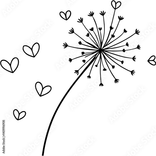 Dandelion seeds flying as tiny hearts line art vector