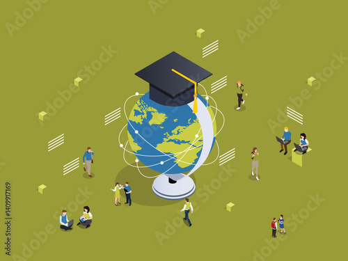 Global Online Education and E-Learning Concept with Graduation Cap and Digital Connections 3d flat vector illustrations