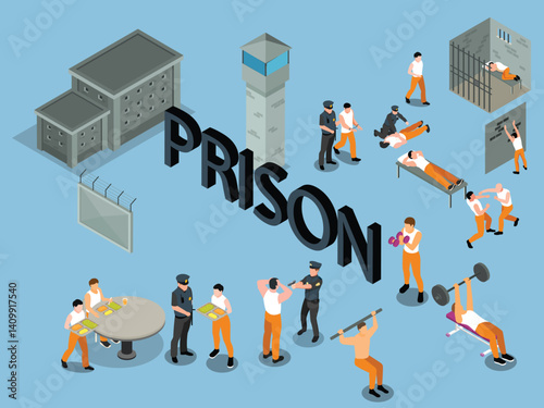 Prison Concept with Inmates and Guards in Various Activities 3d flat vector illustrations