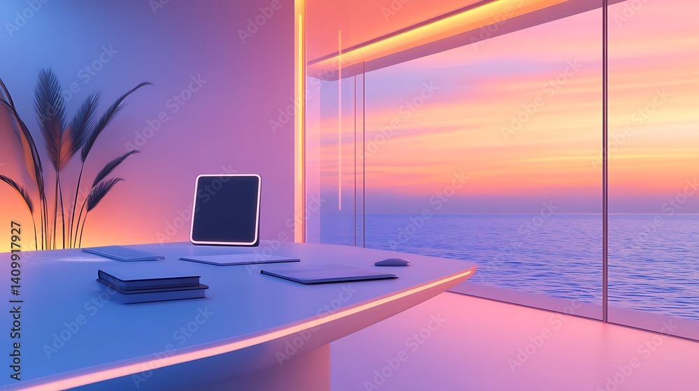 Fototapeta premium A minimalist office with a smart desk, ambient lighting transitioning from deep ocean blue to soft pastel peach, creating a calm and productive space.