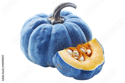 Connecticut pumpkin with green stem and cut slice isolated on white transparent background, great for autumn themes and decorations