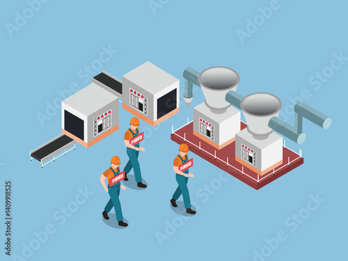 Fired Factory Workers Leaving Automated Industrial Plant 3d flat vector illustrations