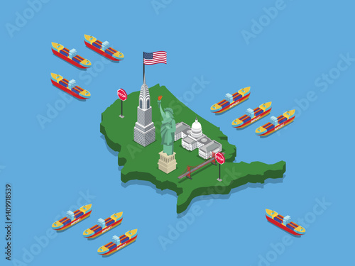 Trade Embargo Concept Illustration – Cargo Ships Blocked from Entering the United States 3d flat vector illustrations