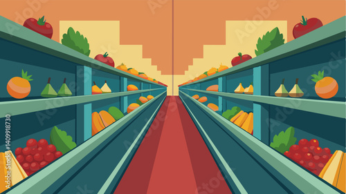 Looking down the long stretch of barren shelves its hard to imagine that just days ago they were stacked high with a variety of fresh fruits and vegetables.. Vector illustration