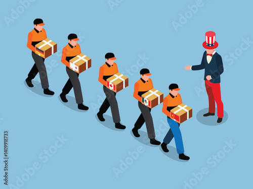 Global Trade Concept with International Delivery Workers and Uncle Sam Receiving Imported Packages 3d flat vector illustrations