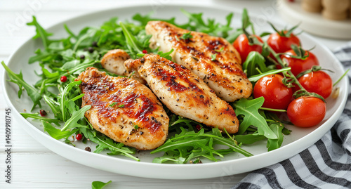 Grilled chicken dinner plate featuring chicken breasts and wings with fresh vegetables