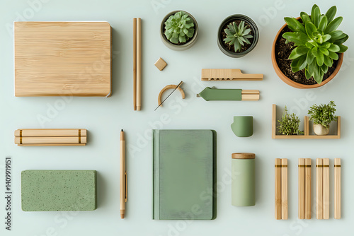 Sustainable office supplies with bamboo and plants in a modern minimalist flat-lay