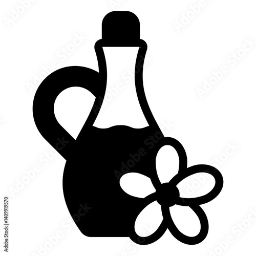 Juice jug with flower solid icon, hot summer drinks concept. Vector graphics. Flower and bottle with flavored liquid sign on white background, glyph style mobile or design.