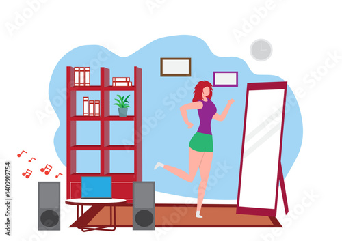 happy young housewife enjoying exercise at home Beauticians and curlers stand on an exercise mat. listen to music and do aerobics lung exercise vector illustration