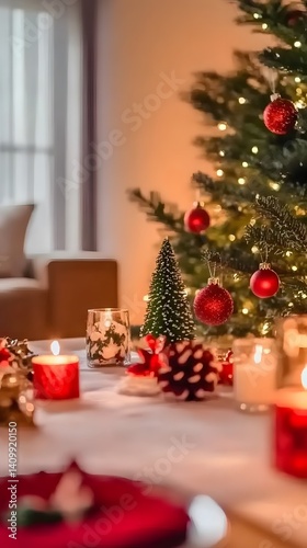 Cozy Christmas Table Setting with Candles and Tree
