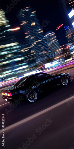 Blurred fast-moving cars on a city road at night, conveying speed and motion in urban traffic